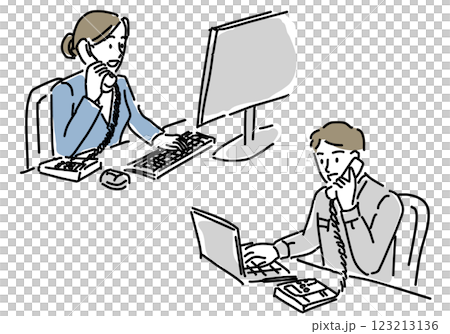 穿著工作服的男女工作人員透過電話諮詢的簡單線條畫 123213136