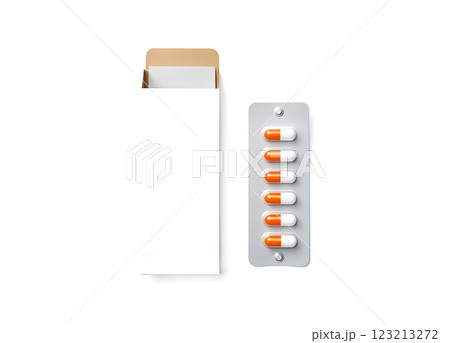 Blank white pill box design mockup, isolated, 3d illustration. Clear blister pillbox template mock up with lozenge. Opened tablets cardboard container. Blister with drug capsule branding 123213272