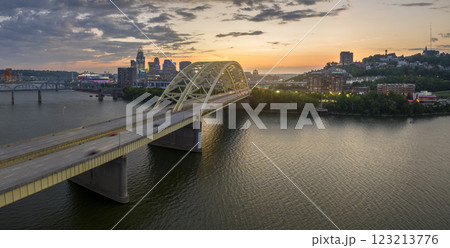 Downtown district of Cincinnati city in Ohio, USA at sunset with driving cars traffic on Daniel Carter Beard Bridge and brightly illuminated high skyscraper buildings. American travel destination Downtown district of Cincinnati city in Ohio, USA at sunset with driving cars traffic on Daniel Carter Beard Bridge and brightly illuminated high skyscraper buildings. American travel destination 123213776
