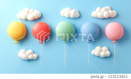 青空に並んで浮かぶカラフルな風船の粘土細工風の3Dイラスト 123213821