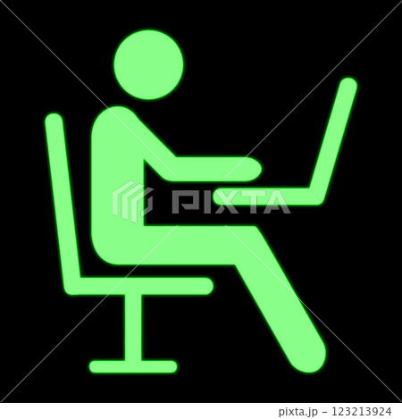 パソコンでデスクワークをしている人のピクトグラム風イラスト　黒背景の切り抜き 123213924