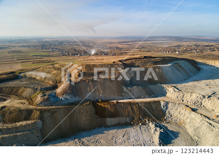 Aerial view of open pit mining site of limestone materials for construction industry with excavators and dump trucks 123214443