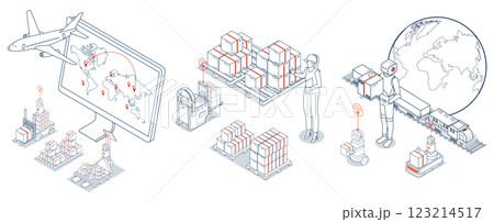 Global logistics network. 3D isometric scenes showing export-import operations via air, road, rail, and cargo services. 123214517