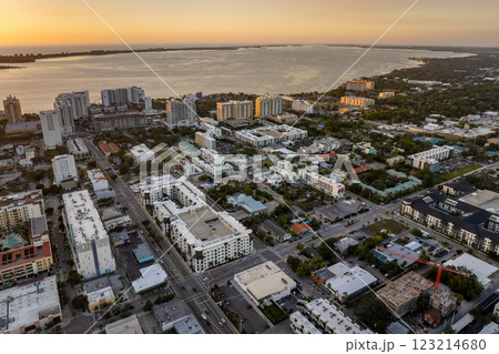 Above view of Sarasota city, Florida with waterfront office high-rise buildings. Development of housing and transportation in the US 123214680