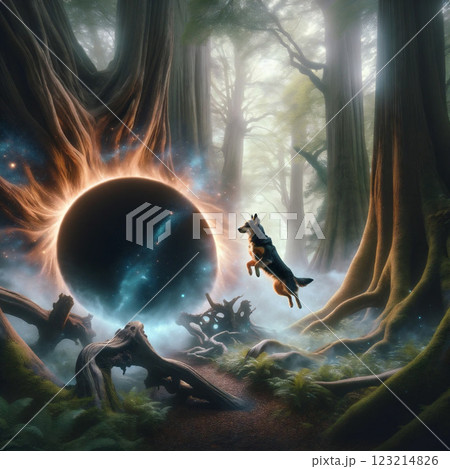 神秘的な森の中でブラックホールに飛び込む犬 神秘的な森の中でブラックホールに飛び込む犬 123214826