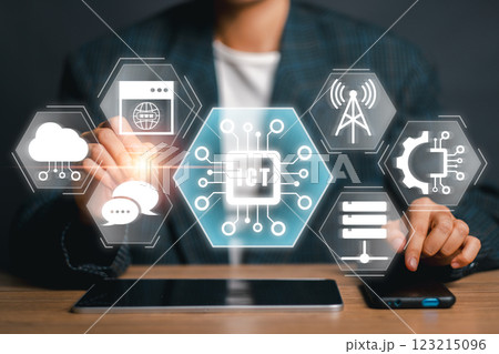 Digital interface showcasing ICT technology with network icons representing modern communication and information systems. Digital interface showcasing ICT technology with network icons representing modern communication and information systems. 123215096