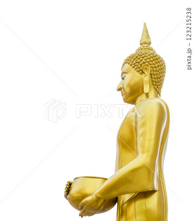 Golden Buddha statue holding alms bowl 123215238