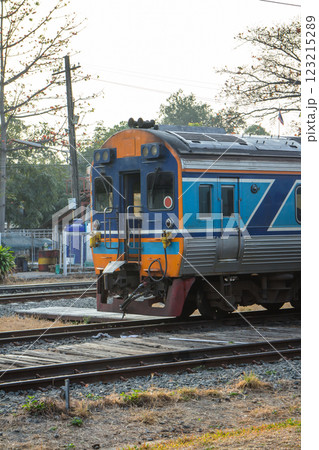 Train on tracks in a rural setting Train on tracks in a rural setting 123215289