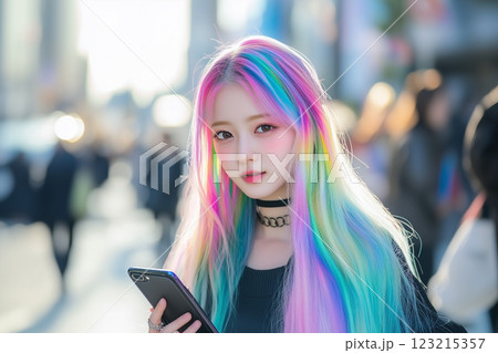 スマートフォンを使うユニコーンカラーの髪の女の子 123215357
