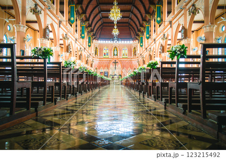 Cathedral of the Immaculate Conception, Chanthaburi, Thailand, Interior of a beautiful church with wooden pews. Cathedral of the Immaculate Conception, Chanthaburi, Thailand, Interior of a beautiful church with wooden pews. 123215492