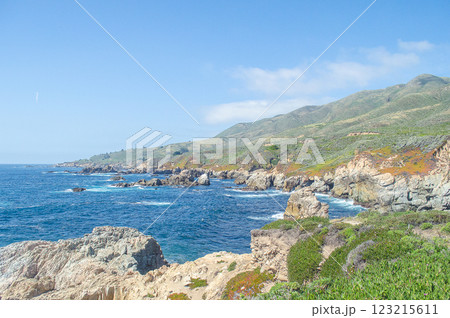 Coastal landscape with rocky shoreline and blue ocean, Big Sur Coastline, California, USA Coastal landscape with rocky shoreline and blue ocean, Big Sur Coastline, California, USA 123215611
