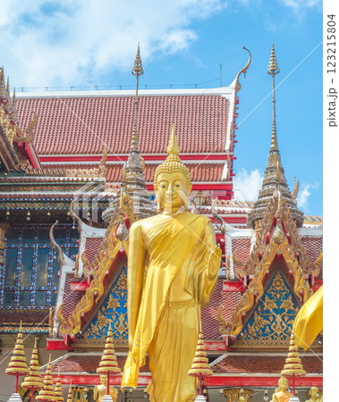 Golden Buddha statue with colorful temple backdrop 123215804