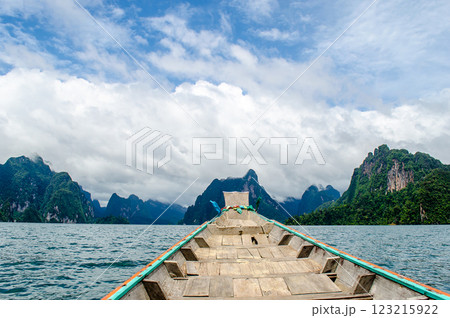Serene boat path leading to mountainous landscape at Khao Sok national park at Surat Thani, Thailand 123215922