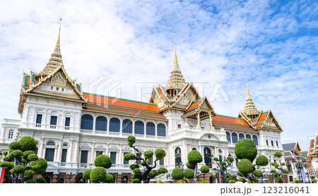 Grand architectural building under blue sky in Wat Phra Kaew Bangkok Thailand Grand architectural building under blue sky in Wat Phra Kaew Bangkok Thailand 123216041