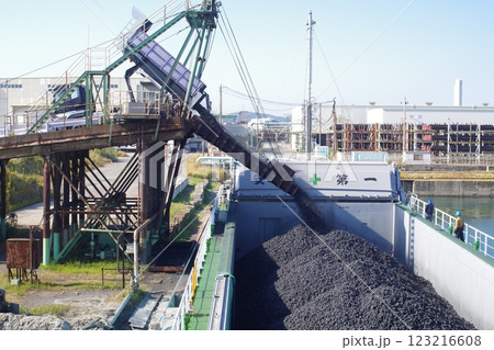 関西製鉄所和歌山地区で荷役をする貨物船の景色 関西製鉄所和歌山地区で荷役をする貨物船の景色 123216608