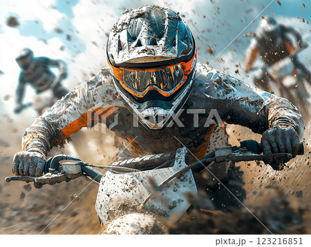 迫力のモトクロスレース、泥を巻き上げ疾走するライダー	 123216851