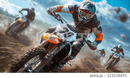 迫力のモトクロスレース、泥を巻き上げ疾走するライダー	 123216855
