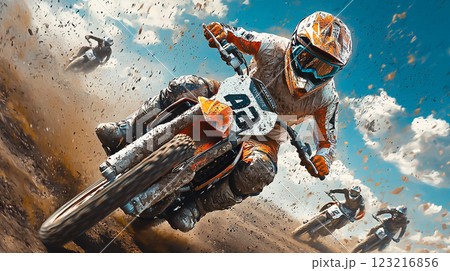 迫力のモトクロスレース、泥を巻き上げ疾走するライダー	 123216856