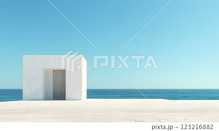 海の見える白い四角の建物 123216882