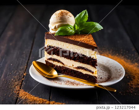 A slice of chocolate layered cake with Tiramisu cream topped with a scoop of ice cream and mint leaves sprinkling with cocoa powder in white ceramic dish with golden spoon on dark wooden table. 123217044