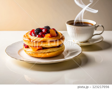 Crispy Danish pastry topped with blackberry, cherry, apple and poured with syrup in white ceramic dish with hot black coffee in white ceramic cup on ceramic saucer on creamy background. 123217056