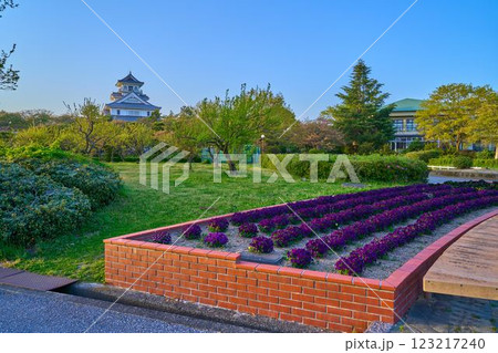 春の滋賀県長浜市の豊公園(ほうこうえん)から花壇越しに模擬天守(長浜城歴史博物館)を見る 123217240
