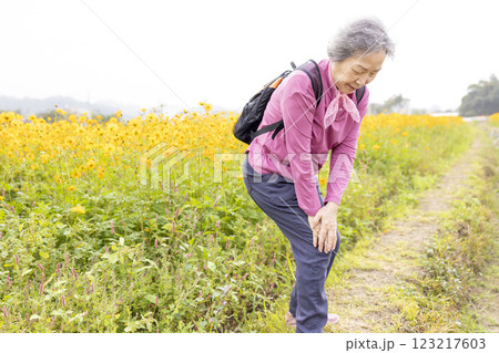 Senior woman suffering with knee pain while hiking on the park Senior woman suffering with knee pain while hiking on the park 123217603
