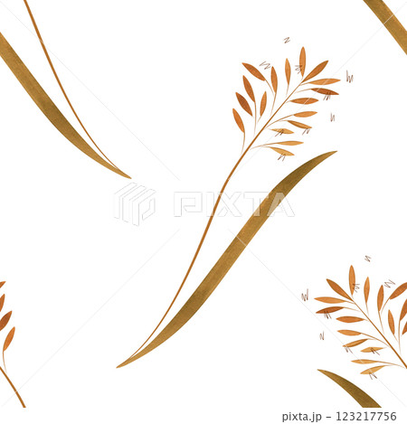 Textile seamless floral pattern with wild grasses and cereals. Design for kitchen home textiles, tablecloths, curtains, bed linen, dress fabrics, wrapping paper. 123217756
