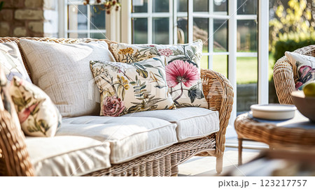 Colorful pillows on sofa against glass wall of window in a winter garden or conservatory. Interior textile concept. High quality photo 123217757