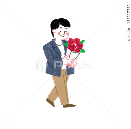 色鉛筆で描いた薔薇の花束を持っている男性のイラスト 123217782
