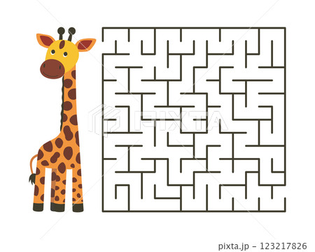A giraffe is standing gracefully next to a complex maze structure 123217826
