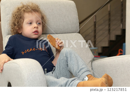 Little boy 3 years old in chair watching cartoon in room and eating biscuits. Children and lifestyle. Emotional Intelligence.  123217851