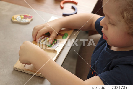 Little boy plays with educational game on table. Wooden puzzle. Animals and farm. Little boy plays with educational game on table. Wooden puzzle. Animals and farm. 123217852
