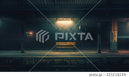 Lonely Train Station Platform at Night with Illuminated Bench for Reflective Design Use 123218234