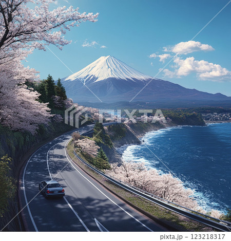 桜舞う絶景ロード！富士山と海を望む春のドライブ 123218317