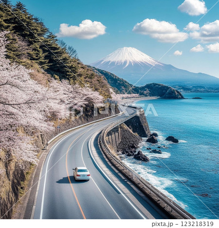 青い海と桜のトンネル！夢のような絶景ロードを走る 123218319