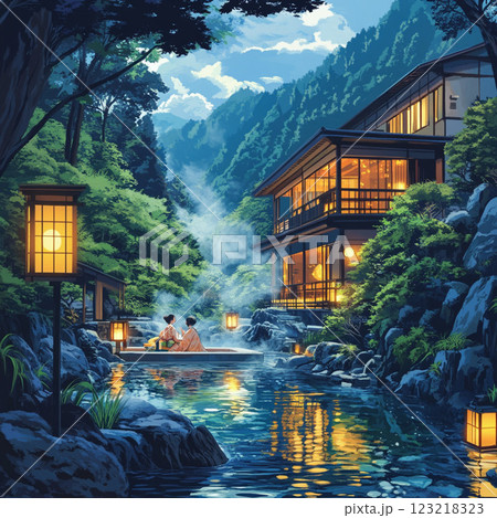 静寂の山奥温泉、灯り揺れる極上の癒し時間 静寂の山奥温泉、灯り揺れる極上の癒し時間 123218323