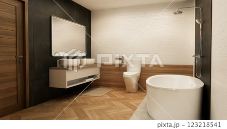 black and white brick scene bathroom with shower and Toilet and decoration on modern toilet room style .3D rendering black and white brick scene bathroom with shower and Toilet and decoration on modern toilet room style .3D rendering 123218541