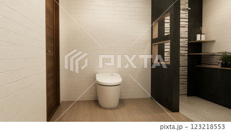 black and white brick scene bathroom with shower and Toilet and decoration on modern toilet room style .3D rendering black and white brick scene bathroom with shower and Toilet and decoration on modern toilet room style .3D rendering 123218553
