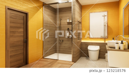yellow color concept bathroom shower and Toilet and decoartion on modern zen toilet room japan style .3D rendering 123218576