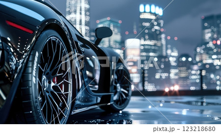 Luxury Car with High-Performance Brake Pads Against Sleek Urban Backdrop for Design Uses 123218680