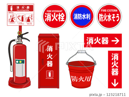 消火器・防火標識のイラストセット（消火器ボックス・消火栓・防火水そう付き）ベクター素材 123218711