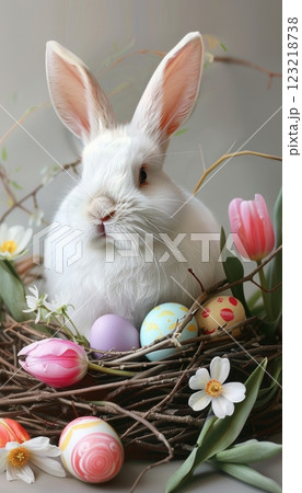 Easter Bunny in Nest with Pastel Eggs and Spring Flowers for Holiday Decor or Greeting Cards 123218738