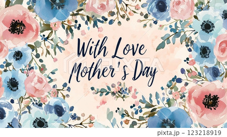 Elegant Watercolor Mother's Day Card with Pink and Blue Floral Arrangements for Personalized Messages 123218919
