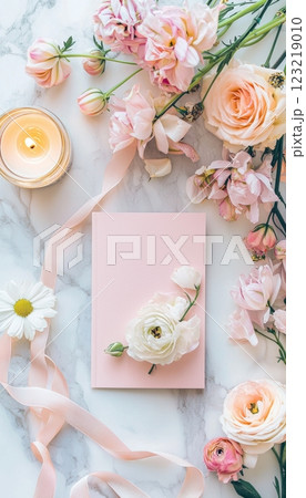 Elegant Mother's Day Card Flat Lay with Fresh Flowers, Candle, and Pink Ribbons for a Warm Atmosphere 123219010