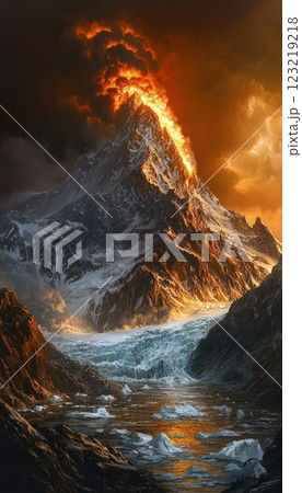 Volcano Eruption Against Glacier: Fire Meets Ice in Dramatic Natural Contrast 123219218