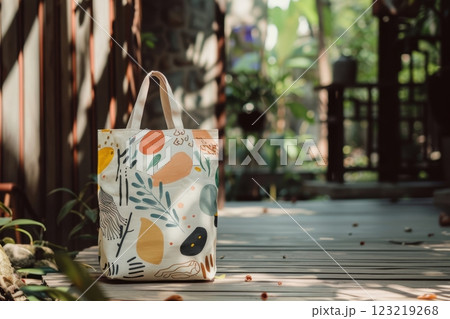 Stylish Tote Bag with Hand-Drawn Illustrations in a Natural Outdoor Setting for Design Enthusiasts 123219268