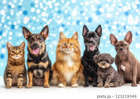 Adorable Cute Pets Sitting Together on a White Background with Soft Blue Bokeh Effect 123219349