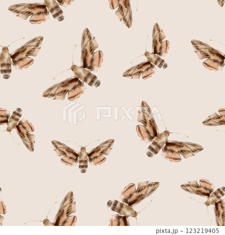 Brown and beige butterflies in vintage style on a brown background, seamless pattern. Watercolor illustration. For fabric,textiles, wallpaper, wrapping paper, wrappers, covers, prints, clothing. 123219405