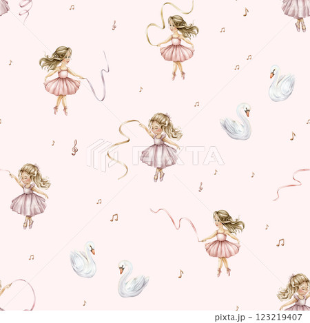 Watercolor seamless pattern with cute little ballerinas with ribbons and swans. Hand drawn illustration heart and notes or treble clef on isolated background. Background for girl textile with dancing Watercolor seamless pattern with cute little ballerinas with ribbons and swans. Hand drawn illustration heart and notes or treble clef on isolated background. Background for girl textile with dancing 123219407